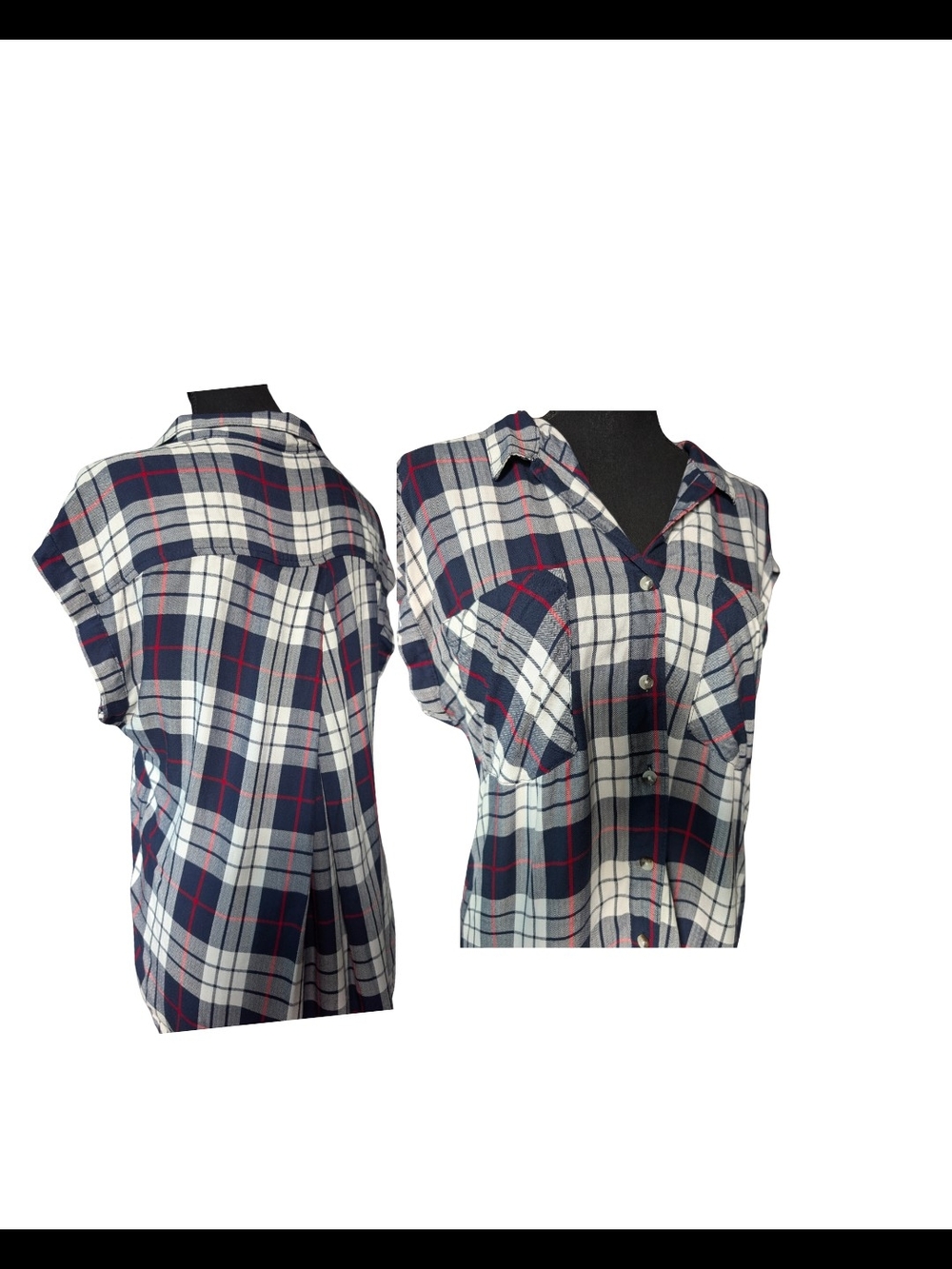 JACHS Girlfriend Womens Small Navy Plaid Rayon Top Button Front